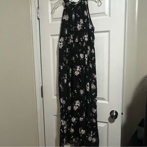 Sweet Lemon Black Floral Halter Maxi Dress with Purple Blooms